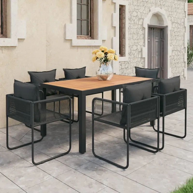 set mobilier masa de gradina, 7 piese, negru si maro, ratan pvc