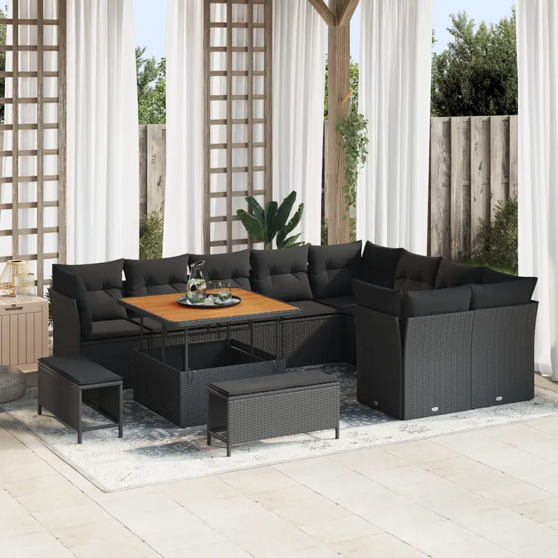 Set de sofa de gradina 12 piese cu perne negru poli ratan acacia, set de dining de gradina 3 piese cu perne negru poli ratan acacia