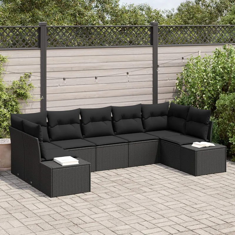set de canapea de gradina cu 7 piese si perne negre din ratan poli