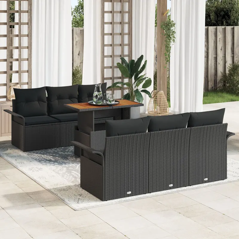 set de 7 piese pentru gradina cu perne negru poliratan acacia
