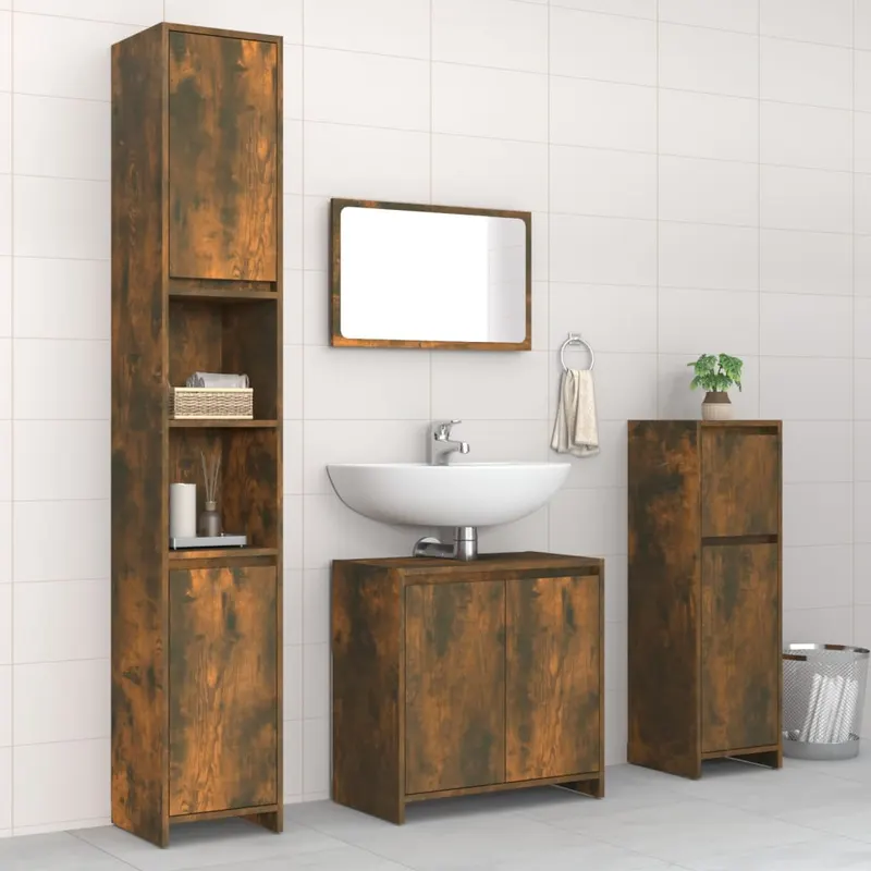 set mobilier de baie, 4 piese, stejar fumuriu, lemn prelucrat