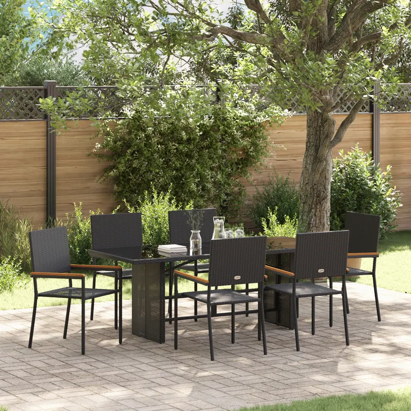 Set dining gradina cu 7 piese negru poliratan, scaune gradina stivuibile cu perne - set 2 piese poliratan negru