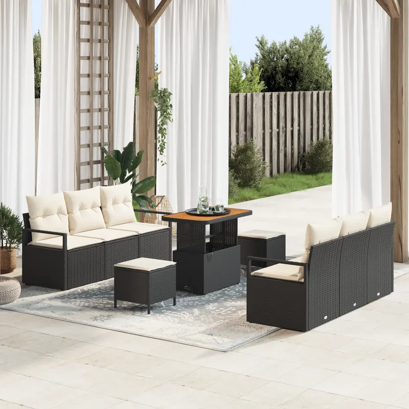 Set de canapea de gradina cu 9 piese, perne negre din rattan poli si acacia, set de canapea de gradina pentru 2 persoane, perne negre din rattan poli, set dining de gradina cu 3 piese, perne negre din rattan poli si acacia