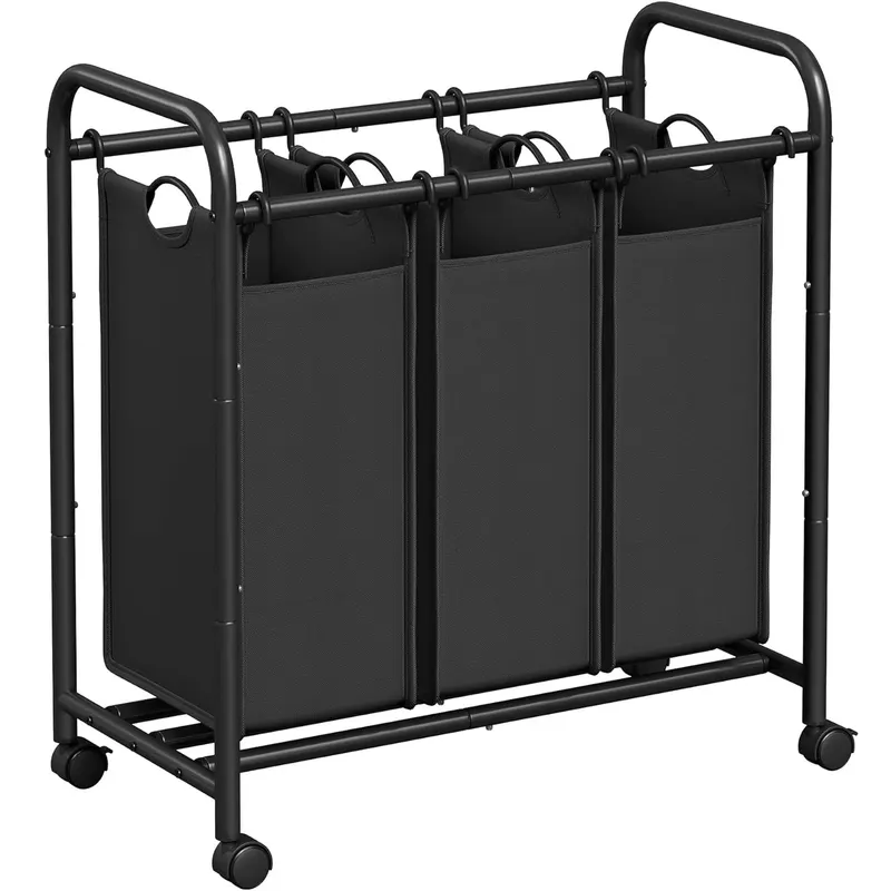 Cos de rufe cu 3 saci detasabili, structura metalica pe roti, 3x44L, 77x41x82cm, negru
