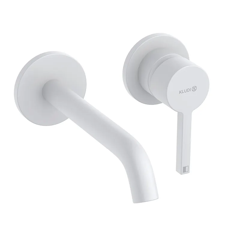 Baterie pentru lavoar montaj pe perete, Kludi, Nova Fonte Pura, cu pipă de 18 cm, alb mat