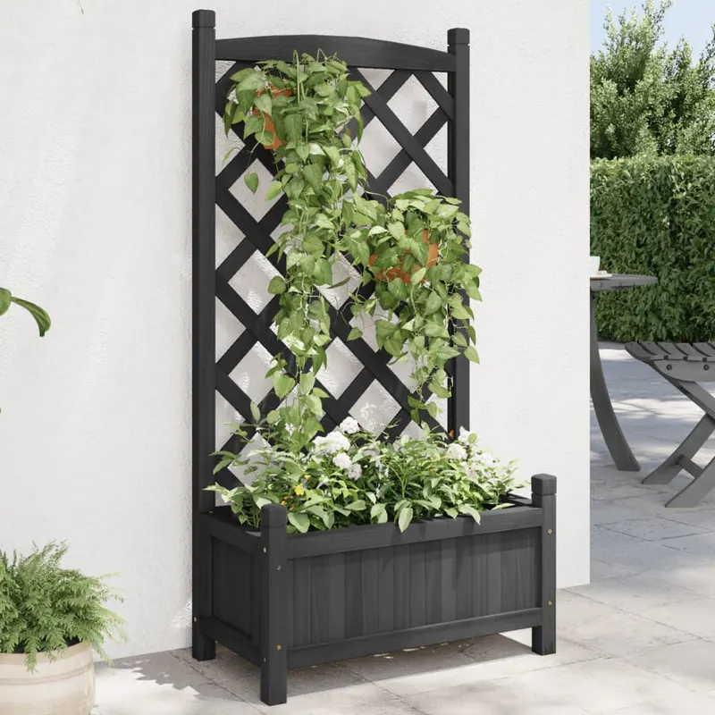 jardiniera cu spalier, negru, lemn masiv de brad