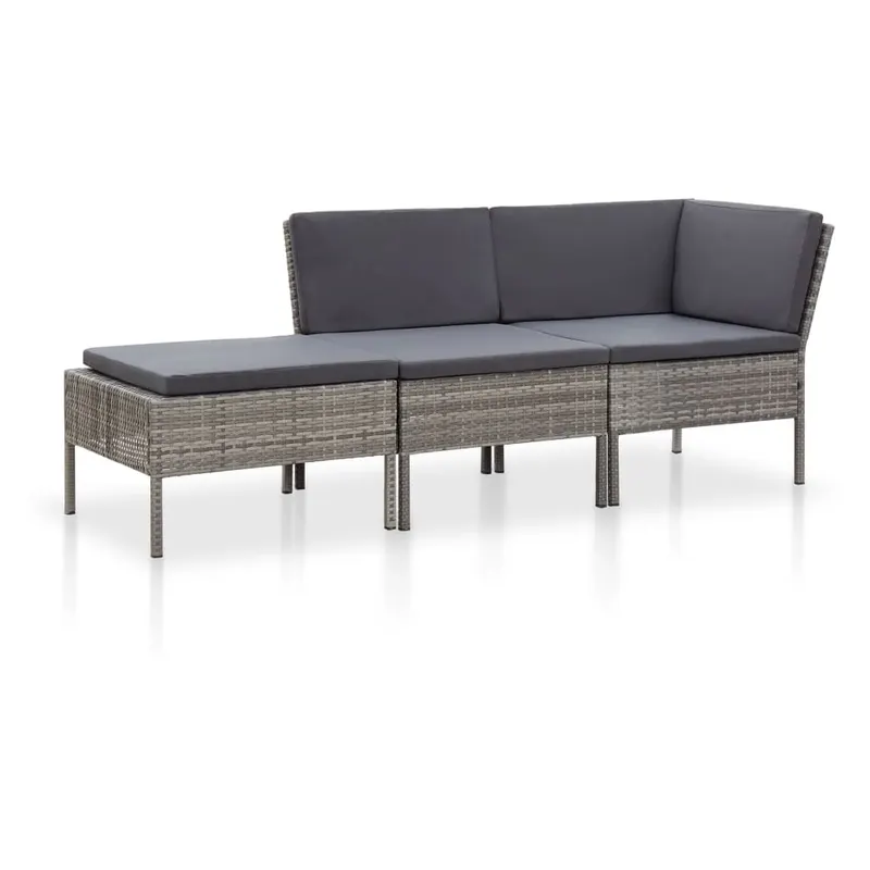 set mobilier de gradina cu perne, 3 piese, gri, poliratan