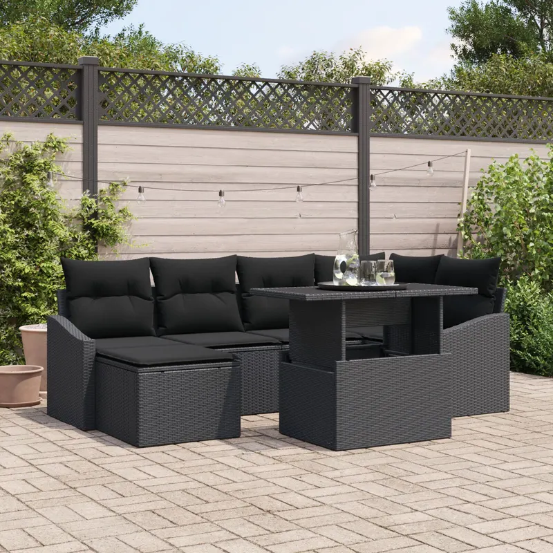 set de 7 piese pentru gradina cu pernite ratan negru poli ratan