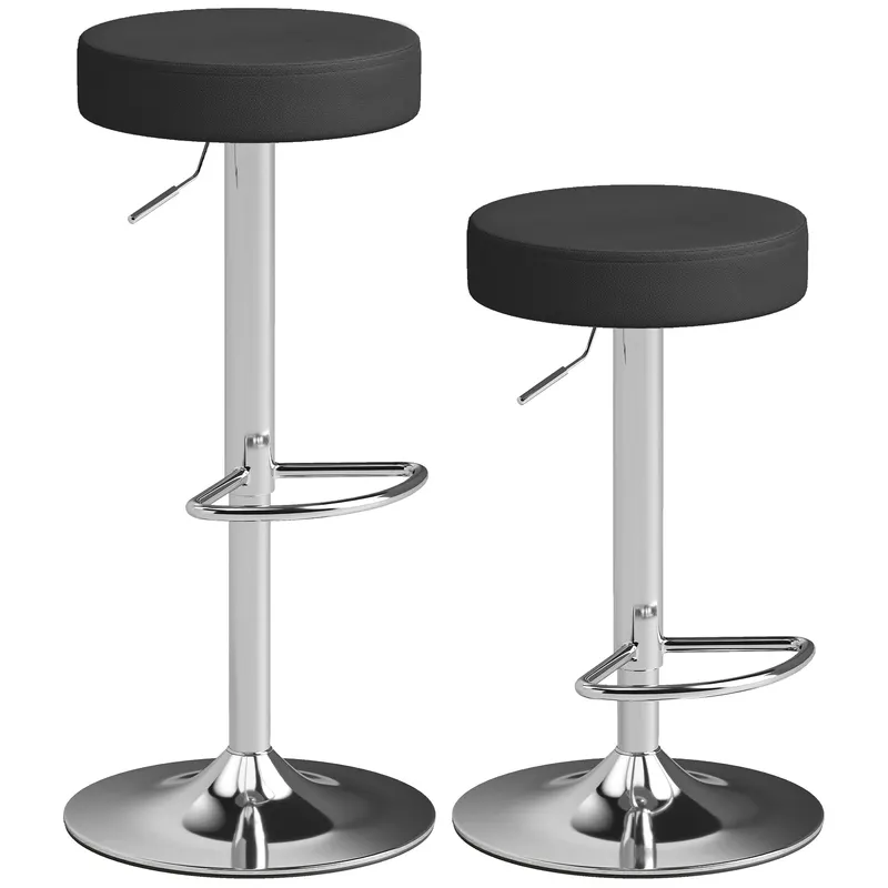 HOMCOM Set 2 Scaune de Bar din Piele PU, Rotative, Înălțime Reglabilă pentru Bucătărie, Negru