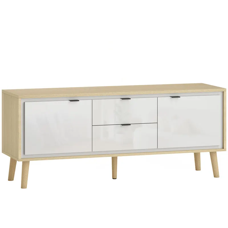 HOMCOM Dulap TV, pentru televizoare până la 140 cm, 2 uși lucioase, 2 sertare silențioase, 120 x 35 x 50 cm, alb