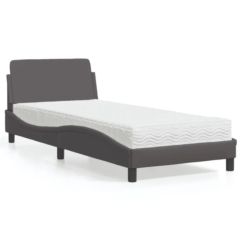 Pat cu saltea, gri, 90x190 cm, piele ecologica