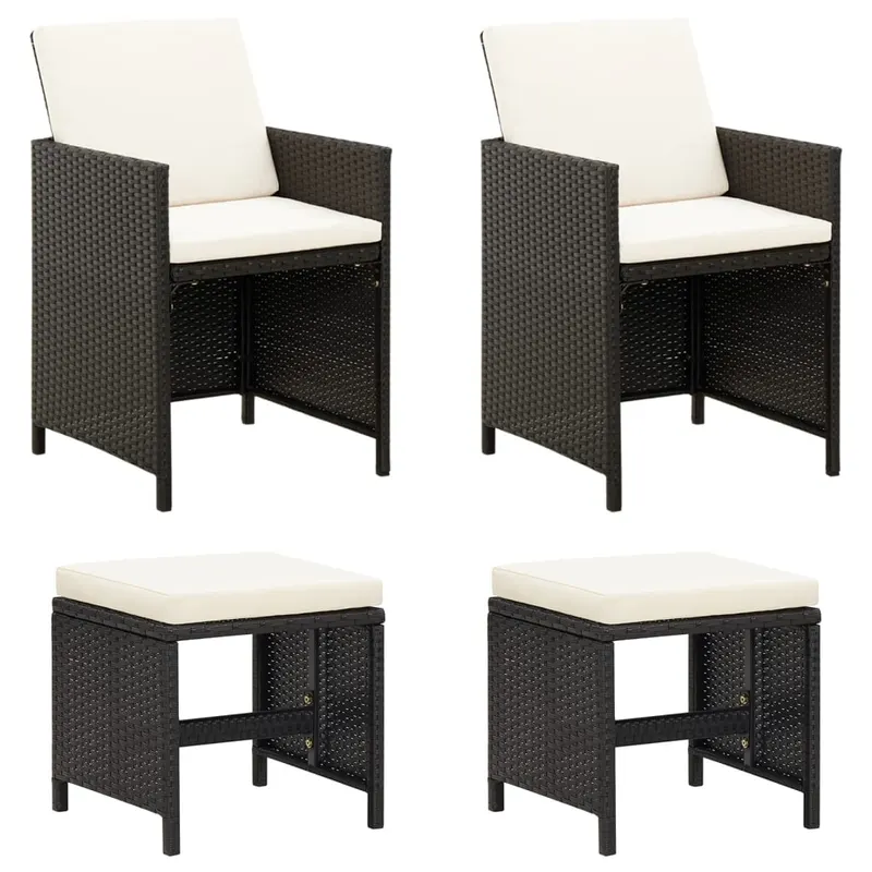 set scaune de gradina si taburet, 4 piese, negru, poliratan