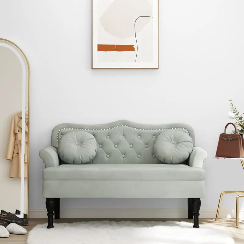 bancheta cu perne, gri deschis, 120,5x65x75 cm, catifea