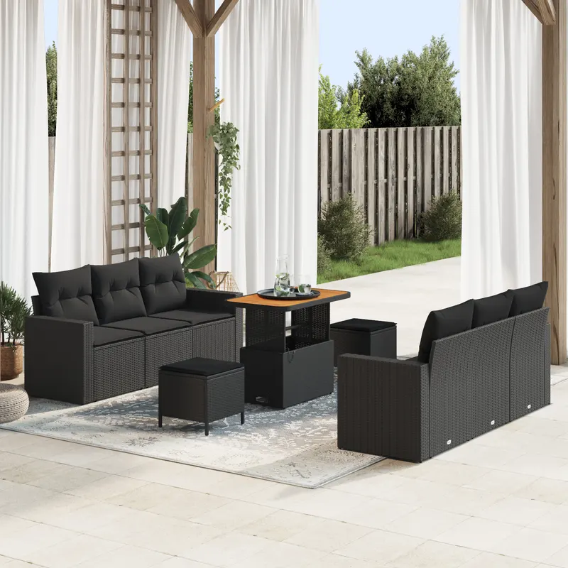 Set de sofa de gradina cu 9 piese cu perne negru ratan poli acacia, set de dining de gradina cu 3 piese cu perne negru ratan poli acacia