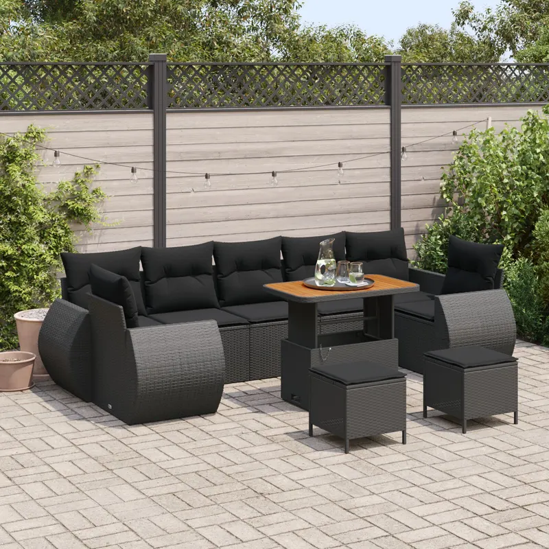 Set de sofa pentru gradina cu 10 piese cu perne negru poliratan acacia, set de mese pentru gradina cu 3 piese cu perne negru poliratan acacia