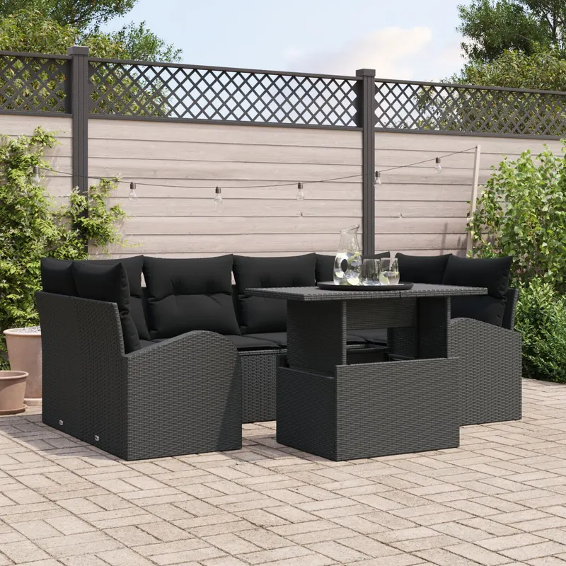 set de canapea de gradina cu 7 piese si perne negru poliratan
