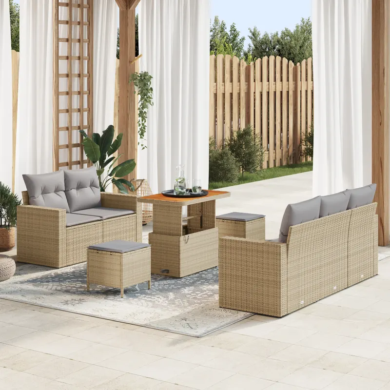 Set canapea de gradina 8 piese cu perne bej ratan poli acacia, set de masa de gradina 3 piese cu perne bej ratan poli acacia