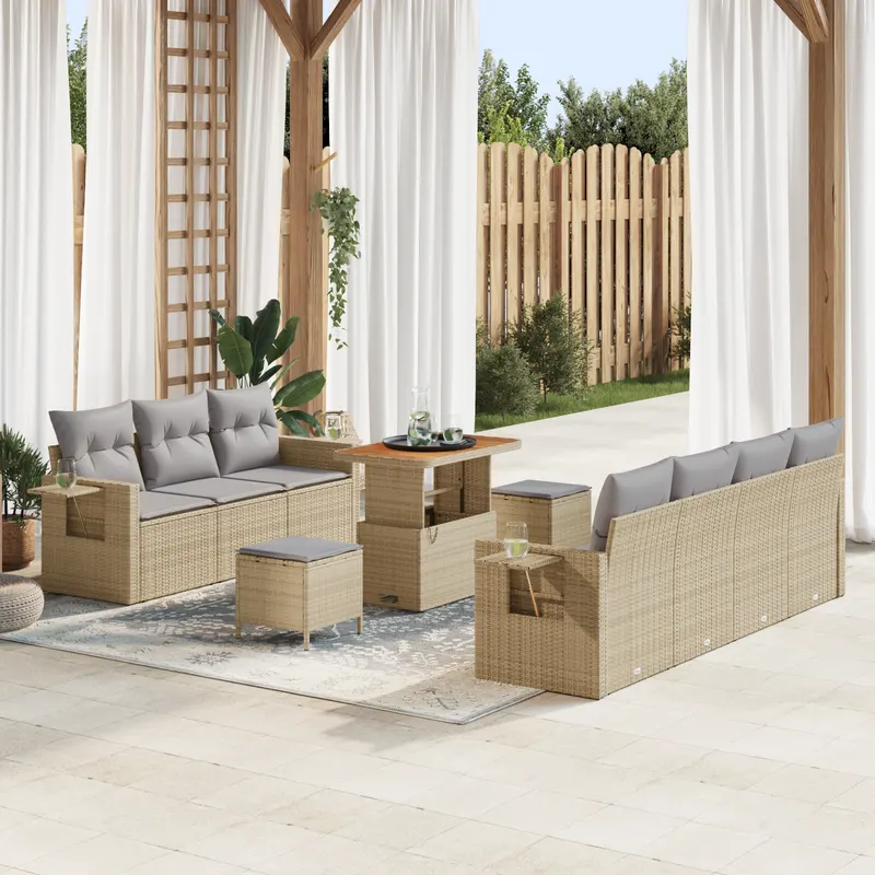 Set canapea gradina 10 piese cu perne bej ratan poli acacia, set dining gradina 3 piese cu perne bej ratan poli acacia