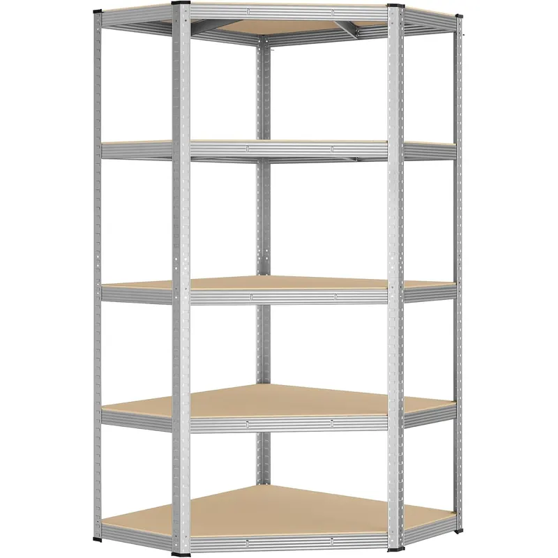 Raft de colt metalic cu 5 polite, pentru garaj sau depozitare, 70x70x180 cm, maxim 875 kg, argintiu