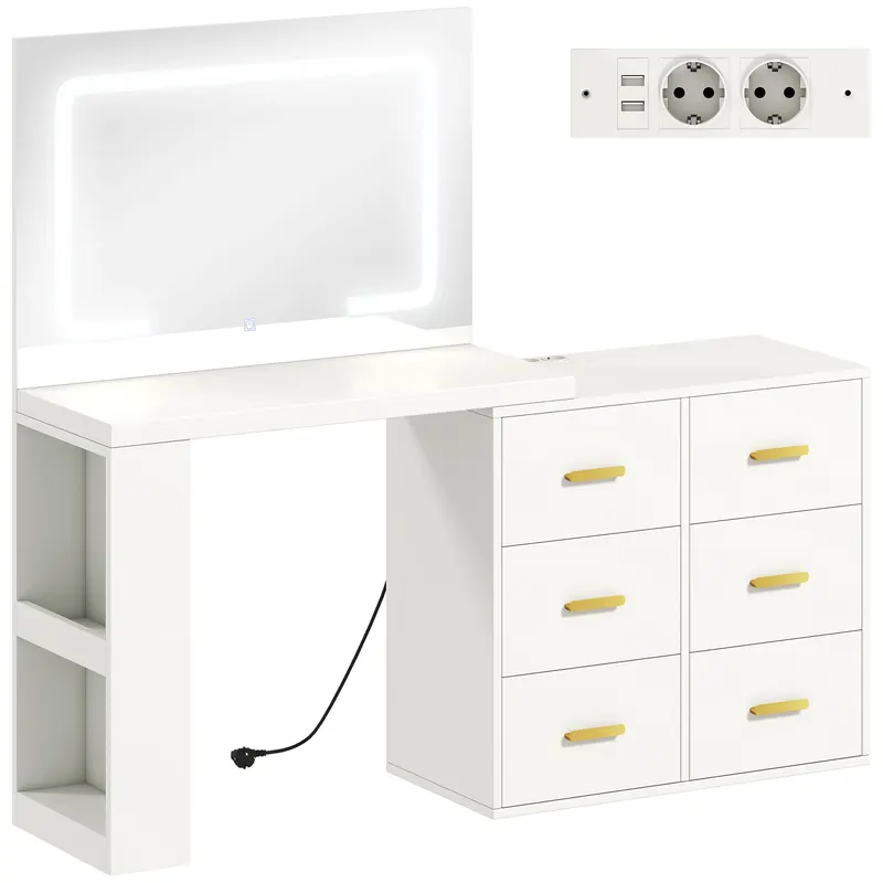 HOMCOM Stație de Machiaj cu Lumini LED, 3 Culori, Luminozitate Reglabilă, Toaletă Convertibilă cu Prize Electrice, 6 Sertare Soft Close, Oglindă, Rafturi Deschise, pentru Dormitor, Alb