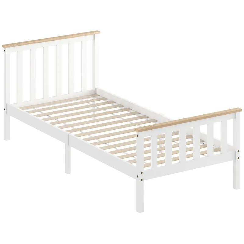 HOMCOM Cadru pat single, cadru din lemn, spațiu depozitare inferior, lemn natural, alb
