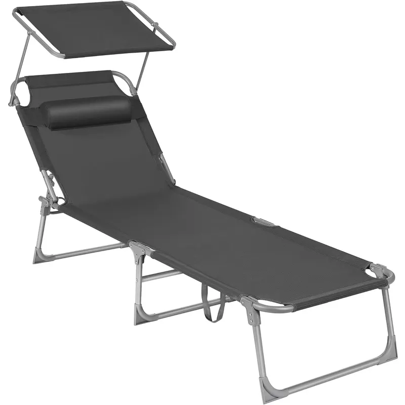 Sezlong pliabil cu parasolar si tetiera, spatar reglabil 4 pozitii, tesatura sintetica respirabila, max 150 kg, 193x53x29 cm, gri