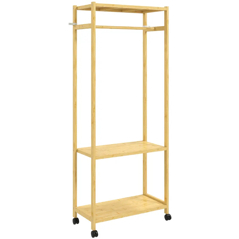 HOMCOM Cuier de Podea cu Bară și 4 Roți, Economisire Spațiu, Cuier din Bambus cu Rafturi Inferioare, pentru Dormitor, Hol, 70x35x175 cm, Lemn Natural