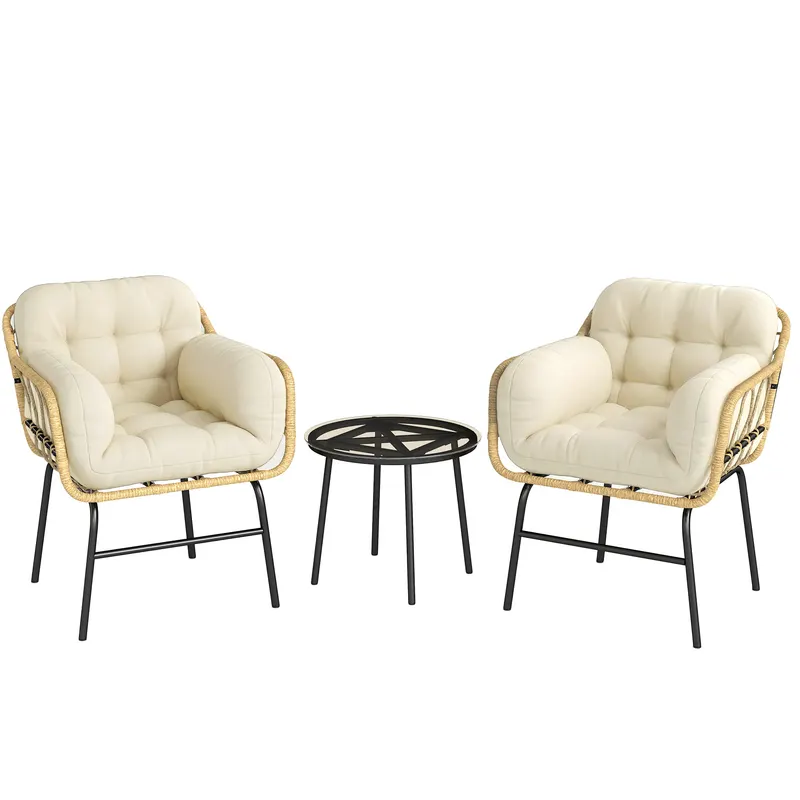 Outsunny Set mobilier exterior 3 piese din rășină împletită, masă din sticlă securizată, 2 fotolii cu perne, 62x73x79cm, Kaki