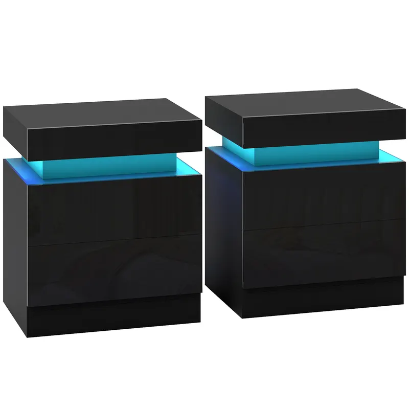 HOMCOM Set 2 Noptiere cu LED și 4 Moduri, 2 Sertare, Lemn, 45x35x52 cm, Negru Lucios