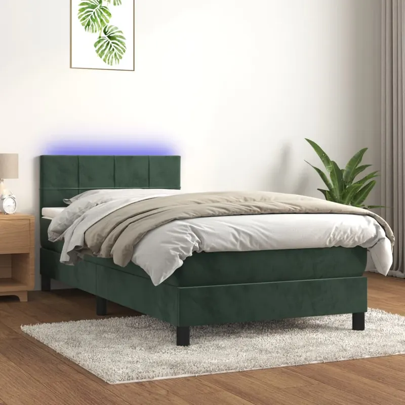 pat cu arcuri, saltea si led, verde inchis, 90x190 cm, catifea