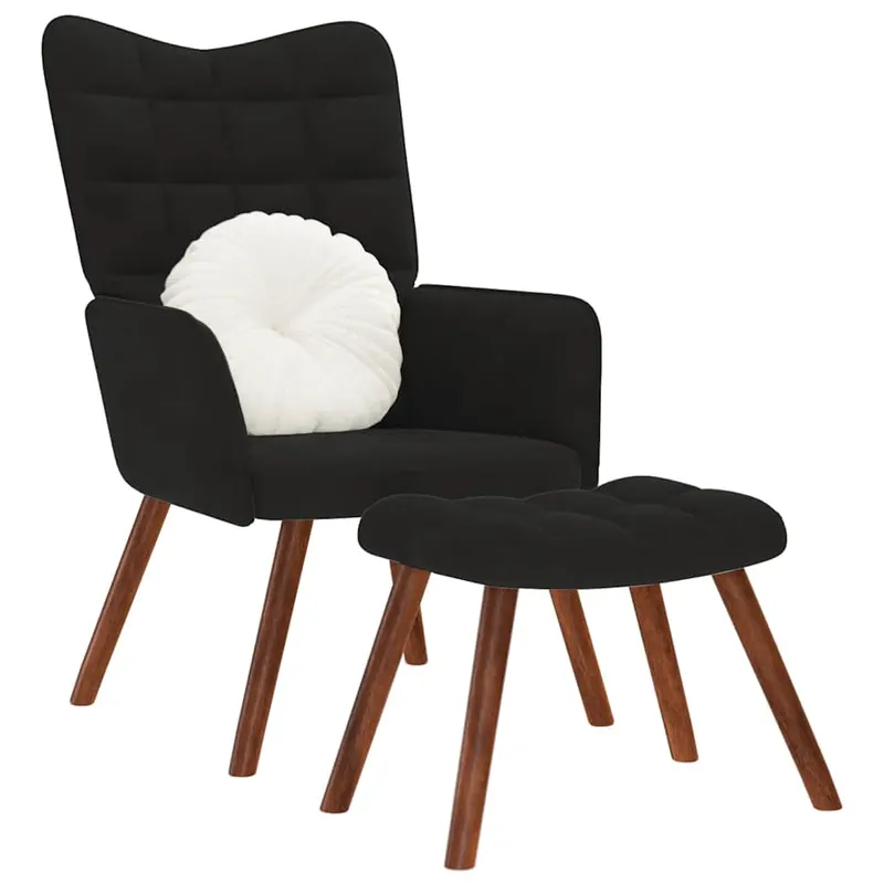scaun de relaxare cu taburet, negru, catifea