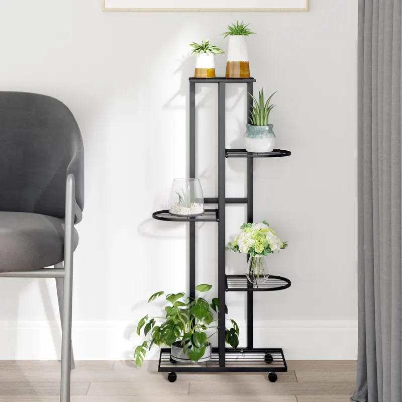 suport de flori cu 5 etaje, cu roti, negru, 44x23x100 cm, fier