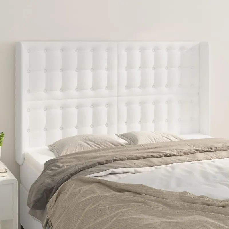 Tablie de pat cu aripioare, alb, 147x16x118/128 cm, piele eco