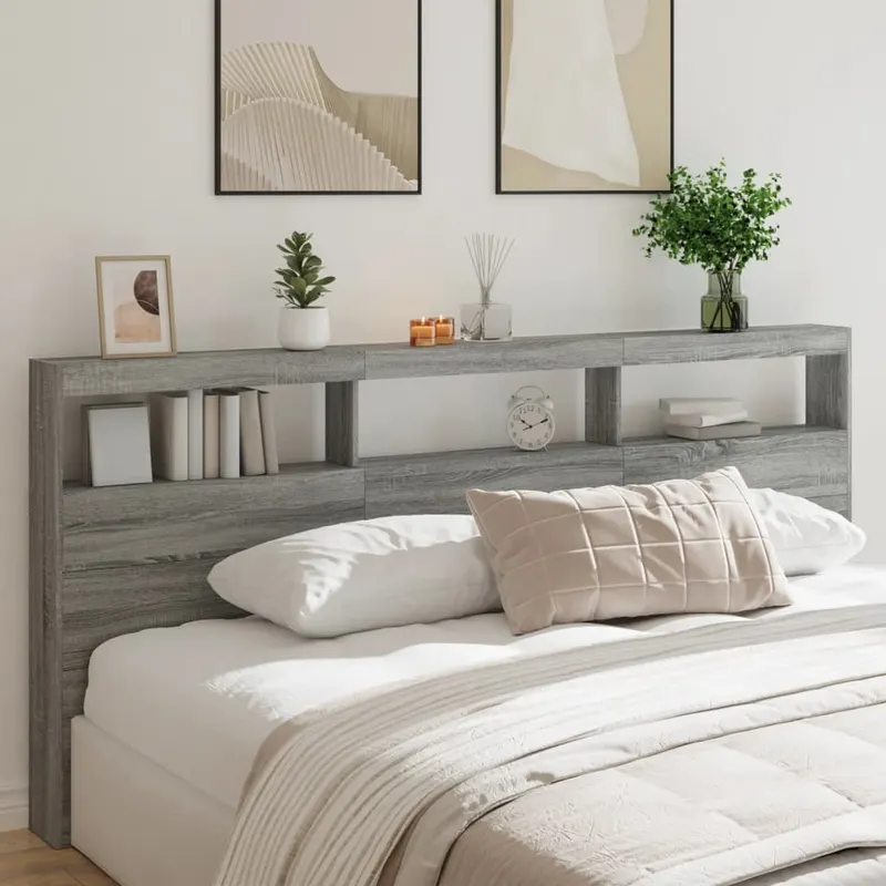 tablie de pat cu dulap si led, gri sonoma, 220x17x102 cm