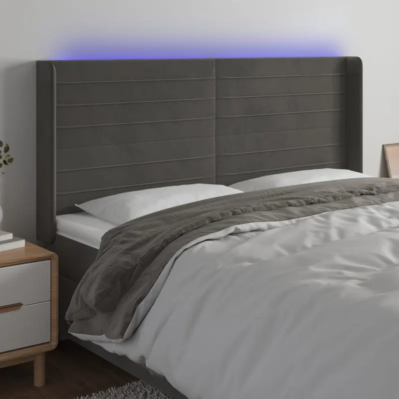 tablie de pat cu led, gri inchis, 183x16x118/128 cm, catifea