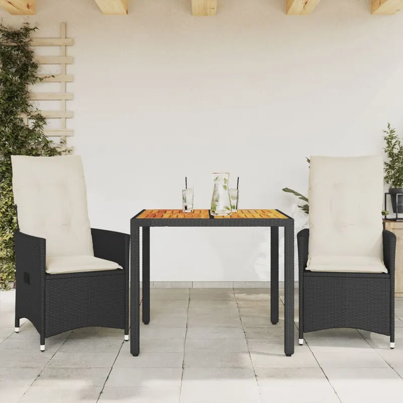set bistro cu perne, 3 piese, negru, poliratan si acacia