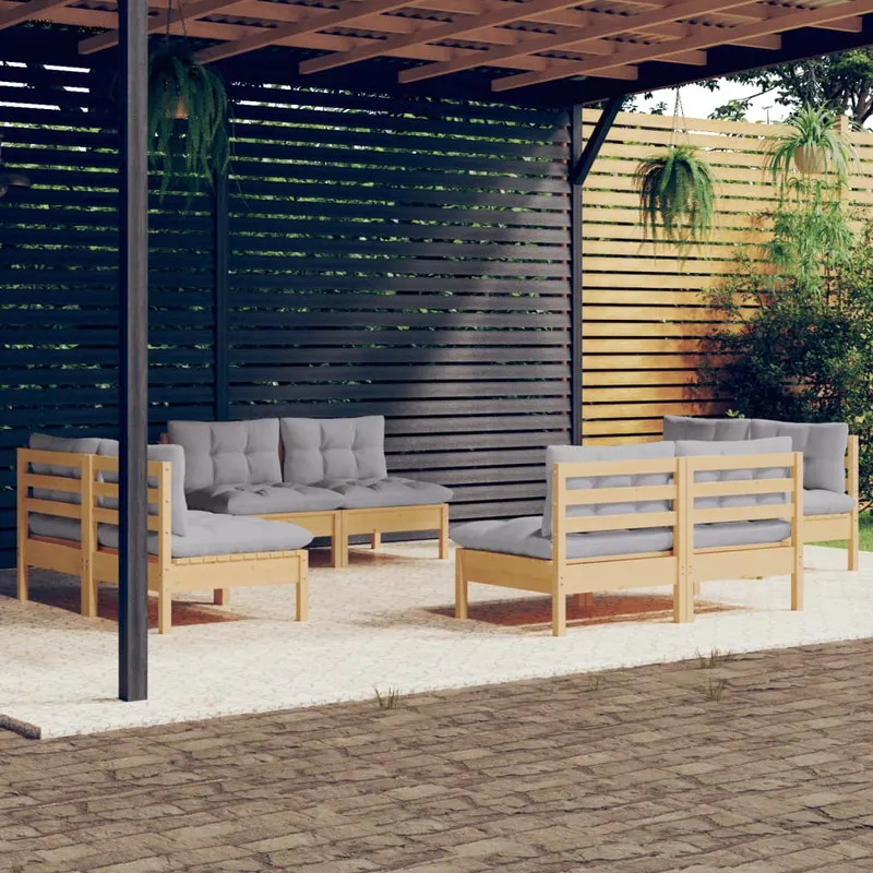 set mobilier de gradina cu perne, 8 piese, gri, lemn de pin