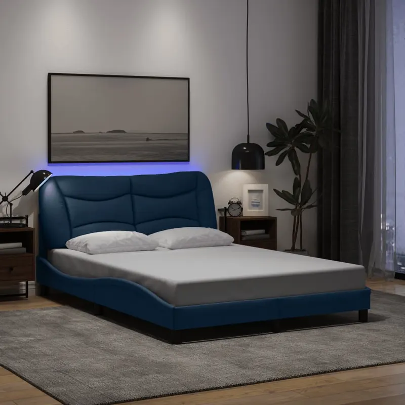 cadru de pat cu lumini led, albastru, 140x200 cm, textil