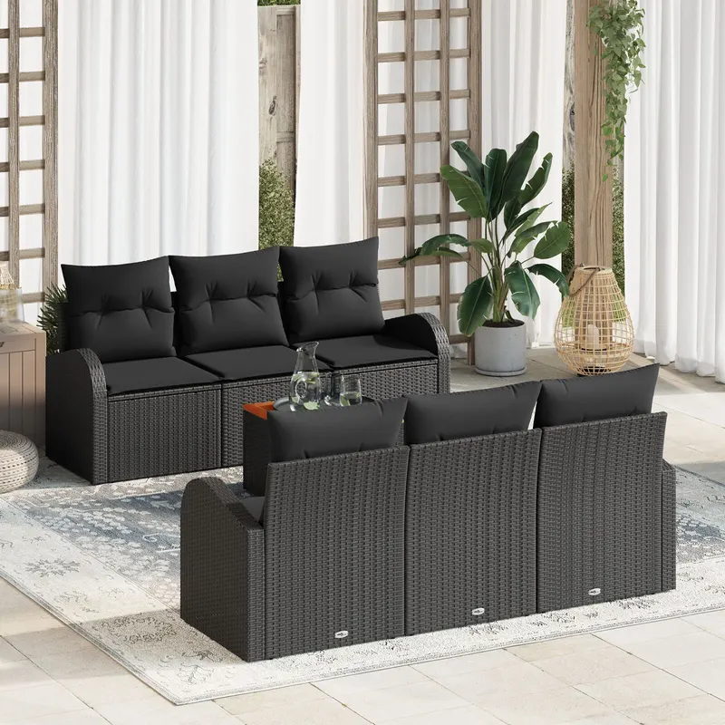 Set de canapea gradina cu perne 7 piese ratan poliester negru acacia, canapea gradina cu 2 locuri si spatiu de depozitare & perne ratan poliester negru