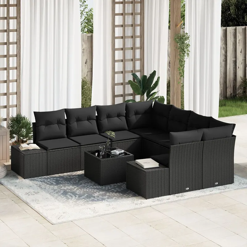set de canapea de gradina , 9 piese, cu perne, ratan poli, negru