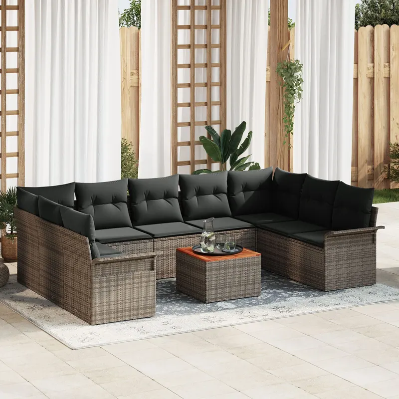 set de canapele cu 10 piese pentru gradina cu perne gri poliratan acacia