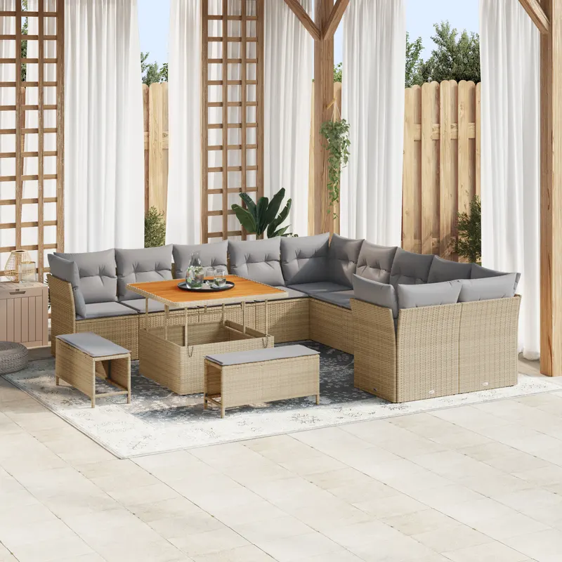Set de sofa pentru gradina 13 piese cu perne bej poliratan acacia, set de dining pentru gradina 3 piese cu perne bej poliratan acacia