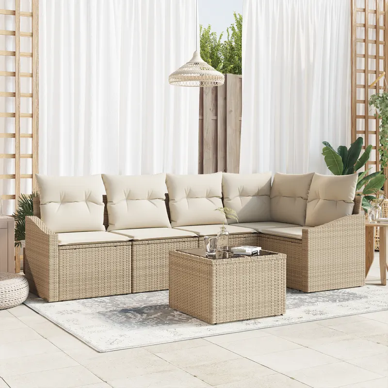 set de dining pentru gradina cu 6 piese si perne din ratan brun