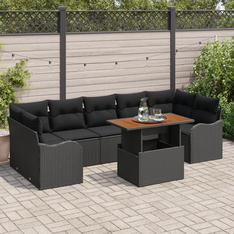 Set de 8 piese pentru gradina cu perne negru rattan polimeric, canapea de gradina pentru 2 persoane cu depozitare si perne negru rattan polimeric