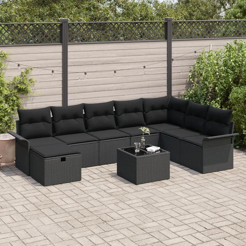 set canapea gradina de 9 piese cu perne negru poliratan