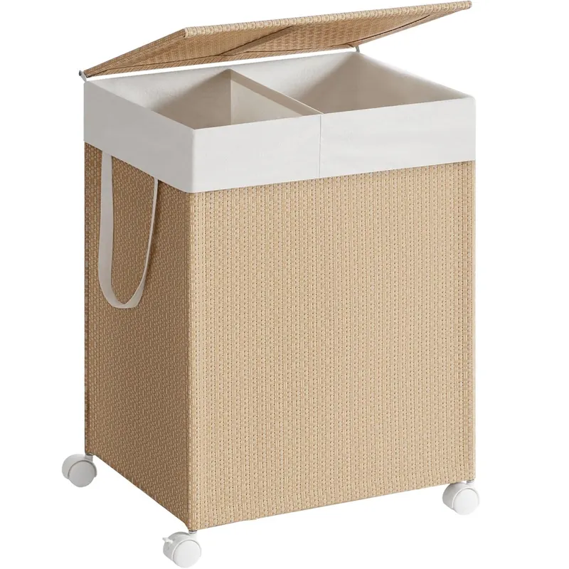 Cos rufe din tesatura tip ratan, 100L cu 2 compartimente si roti, 47x38x65 cm, bej natur