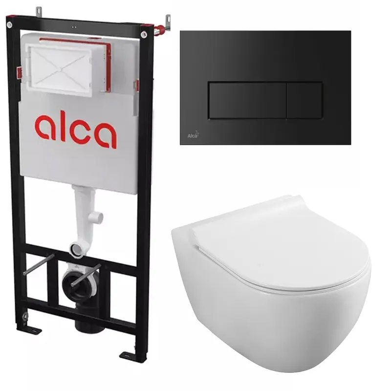 Set WC suspendat Alcadrain AM101 1120 cu rezervor incastrat, clapeta M578 negru mat, vas WC Fluminia Minerva si capac soft-close