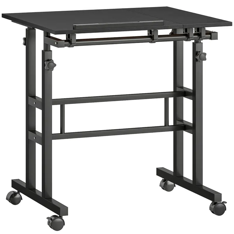 HOMCOM Birou șezut-în-picioare birou reglabil pe înălțime 70 x 60 cm pe roți cu blat înclinat cadru metalic negru