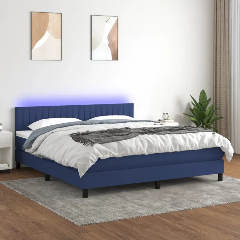 pat cu arcuri, saltea si led, albastru, 160x200 cm, textil