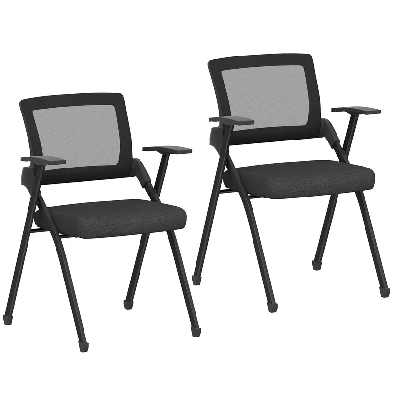 HOMCOM Set de 2 Scaune Pliabile în Material Textil cu Efect de In cu Spătar Curbat și Brațe, Scaune Portabile Salvaspațiu din Oțel, pentru Casă, Birou, Bucătărie, Evenimente, 61x56x84 cm, Negru